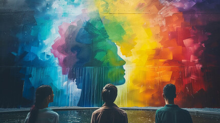 awareness of mental health, people looking at colorful abstract wall