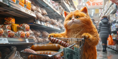 Cat pushing a cart full of meat in a grocery store - obrazy, fototapety, plakaty