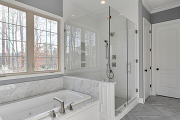 Chic Modern Bathroom with Large Windows, Soaking Tub with Glass Walk in Shower