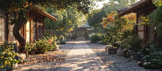 Serene Garden Pathway Surrounded by Lush Greenery and Elegant Wooden Structures - obrazy, fototapety, plakaty