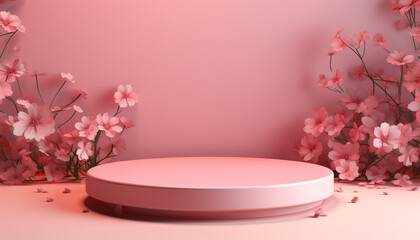 A pink podium with pink flowers on a pink background.