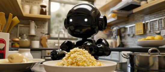 Chubby Black Robot Chef Preparing Fluffy Fried Rice in a Modern Kitchen with Advanced Cooking Appliances and Utensils
