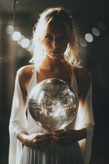 Naklejka premium Elegant lady in chic white outfit, gracefully holding a sparkling disco ball, emanating sophistication and charm in a dimly lit environment, embodying a perfect blend of grace, glamour, and poise.
