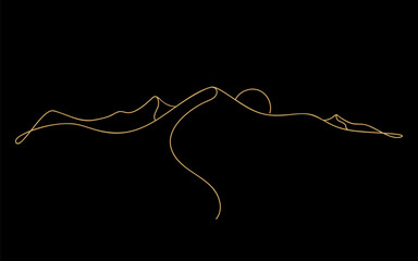 Golden silhouette desert landscape drawn with one line on the black background. Sketch. Design for logo. card template, minimalist art. Elegance vector illustration.