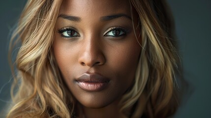 Naklejka premium A studio portrait shows an African woman with blonde hair, bathed in natural light that highlights her unique beauty. Portrait of a woman with delicate and beautiful features.