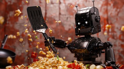 Futuristic Black Robotic Arm Flipping Fried Rice in Kitchen - obrazy, fototapety, plakaty