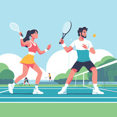 man and woman playing tennis sport in a flat design style
