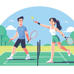 young couple playing tennis in a flat design style