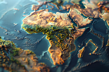 Detailed 3D map of Africa showing terrain and cities. - obrazy, fototapety, plakaty