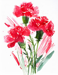 Watercolor artwork showcasing red carnations with green foliage against a stark white backdrop - 784119081