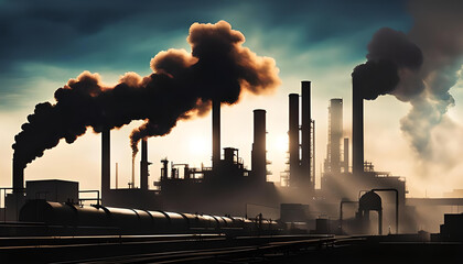 Industrial sunset scene with silhouetted structures and smoke, highlighting environmental impact - 784119085
