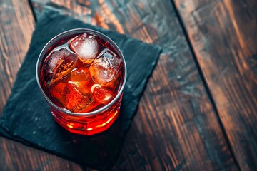 Overhead View of a Classic Negroni Cocktail in a Glass, Filled With Large Ice Cubes, on a Dark Napkin and Aged Wooden Surface