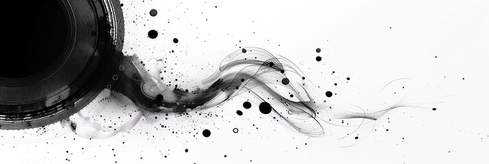 Abstract watercolor black and white background of circle with dots and splatters surrounding it.