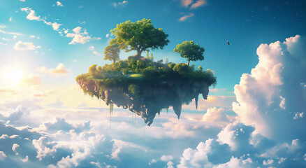 Surreal green island with trees floating in the cloudy sky landscape. Fantasy world concept.