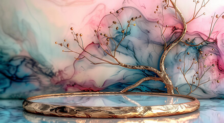 Podium product display, Abstract and Modern, Whimsical Dreamscapes: Ethereal Tree Branches Over Fluid Marble Tray in Pastel Hues for Surreal Decor and Artistic Still Life Scenes - obrazy, fototapety, plakaty