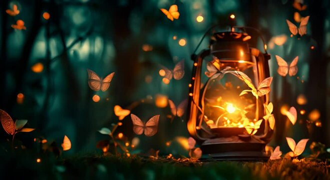 
a lantern containing butterflies. The light projected from this is golden in color and the butterflies themselves glow in a goldish color promoting a sense of potential to transform your life and sur