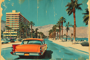 Classic vacation scene showing sandy beach with palm trees and retro car in aesthetics of vintage postcard. Vacation concept.