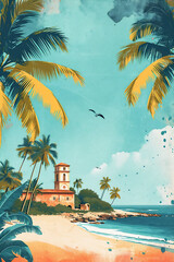 Classic vacation scene showing sandy beach with palm trees and retro house in aesthetics of vintage postcard. Vacation concept.