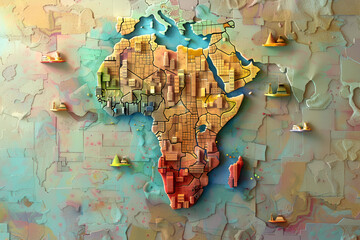 Complex 3D jigsaw puzzle of Africa with embedded urban landscapes.