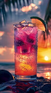 A delicious cocktail with waterdrops on the glass at the beach on a warm summer evening at sunset. A fresh holiday dream captured in a vertical video