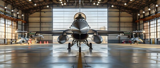 Sleek Fighter Jet Awaits Mission in Sunlit Hangar. Concept Air Force, Aviation, Stealth technology, Military aircraft, Aerospace engineering - obrazy, fototapety, plakaty
