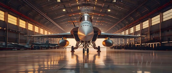Sleek Fighter Jet Awaits in Hangar - Ready for Mission. Concept Fighter Jet, Military Aircraft, Hangar, Mission, Aircraft Technology - obrazy, fototapety, plakaty