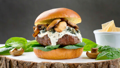 Gourmet beef burger with creamy blue cheese, mushrooms, spinach, and mayo, isolated a simple background.