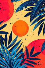 Abstract tropical leaves pattern art illustration in vibrant colors. Botanical leaves design with copy space.