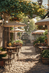 Fototapeta na wymiar Cozy Street Café: Outdoor Seating and Shaded Umbrellas