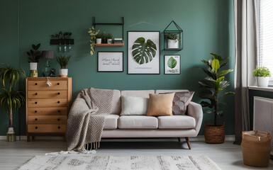 Stylish composition of cozy living room interior with design poster frames, plants, pillow, beige sofa, plaid and personal accessories in green home decor. Template. Plants on chest of drawers. 