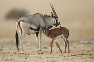 A mother and baby gazelle are standing in the desert. The mother is licking the baby's face - obrazy, fototapety, plakaty