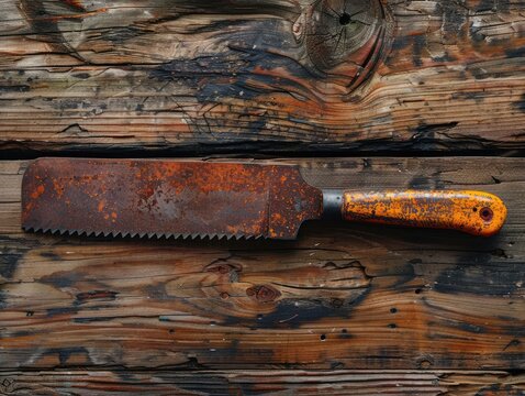 Rusted Vintage Handsaw on Weathered Wooden Surface