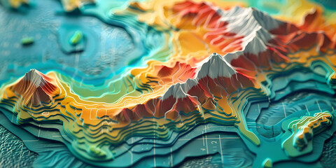 Colorful topographic model highlighting elevation changes and mountain peaks. Japan