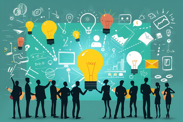 Creative team generating ideas with light bulb imagery, innovation theme illustration.