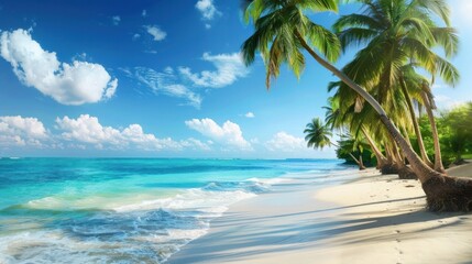 A beautiful view of a tropical beach lined with coconut palm trees.