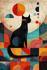 Artistic image of mysterious black cat on vibrant collage of geometric shapes and colors background.