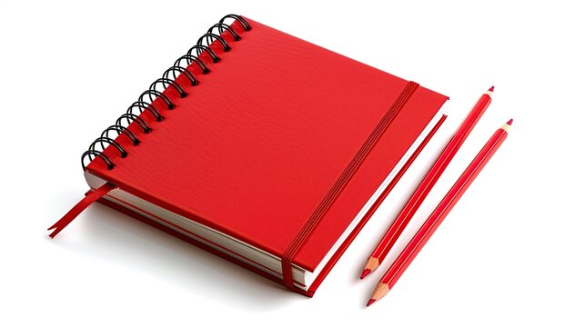 A top view of a red notebook and a collection of colored pencils isolated on a white background for mockup.