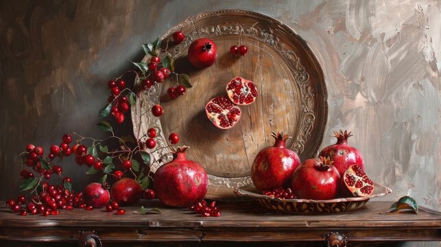 A painting depicting a tabletop arrangement featuring red pomegranates and a wooden plate as the main subjects.