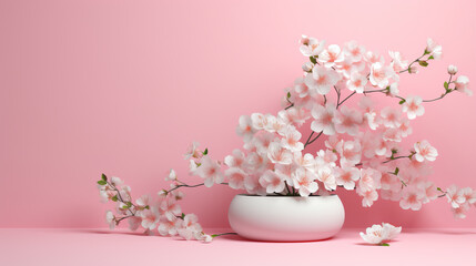 Pink cherry blossom in a white vase on a pink background.