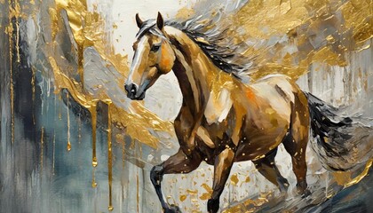 Abstract oil painting with gold, horse, wall art, knife painting, paint spots and strokes. Large stroke oil painting, mural, art wall.