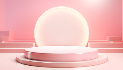 Pink podium with a glowing circle on the wall.