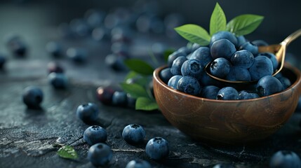 Blueberries spill from a wooden bowl onto a dark stone surface, a spoon ready to scoop them up. - obrazy, fototapety, plakaty