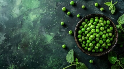 Bowl with fresh green peas on dark green background - obrazy, fototapety, plakaty