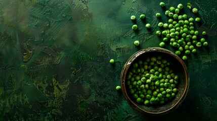 Bowl with fresh green peas on dark green background