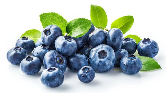 Blueberries with fresh leaves on a white background, isolated.