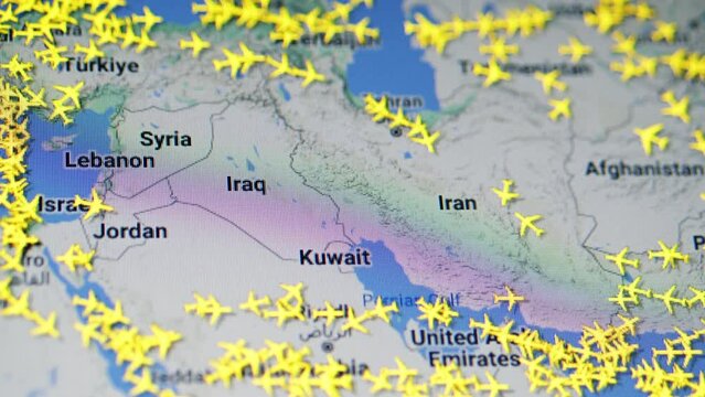 Closed airspace of Israel, Iraq and Jordan during the armed conflict with Iran. Close-up shot of a computer screen