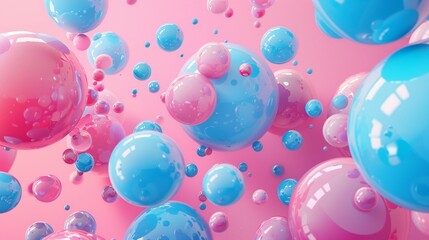 Abstract background, with 3D blue balls on pink background, turquoise and pink spheres.