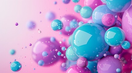 Abstract background, with 3D blue balls on pink background, turquoise and pink spheres.