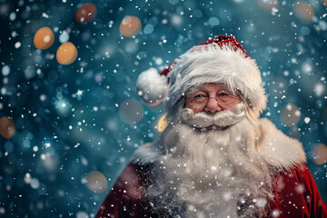 Cheerful Santa Claus in snowfall with glowing bokeh lights