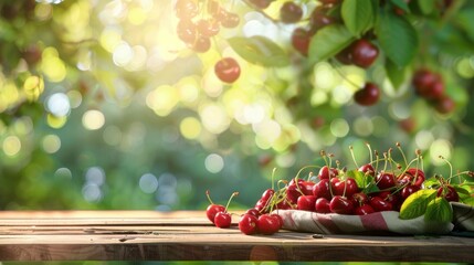 Cherries are piled on a cloth on a wooden table outdoors. Behind the table, there are blurred green trees.